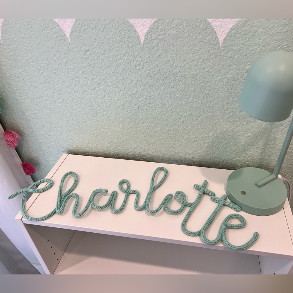 Wire, knit name signs, Charlotte & Savannah